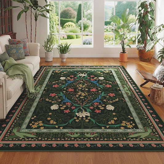 Area Rugs 8x10 for Living Room Clearance Washable Vintage Floral Botanical Rug Non Slip Low Pile Large Rug for Bedroom, Farmhouse, Dining Room, Kids Playroom, Green-CubbioJoy