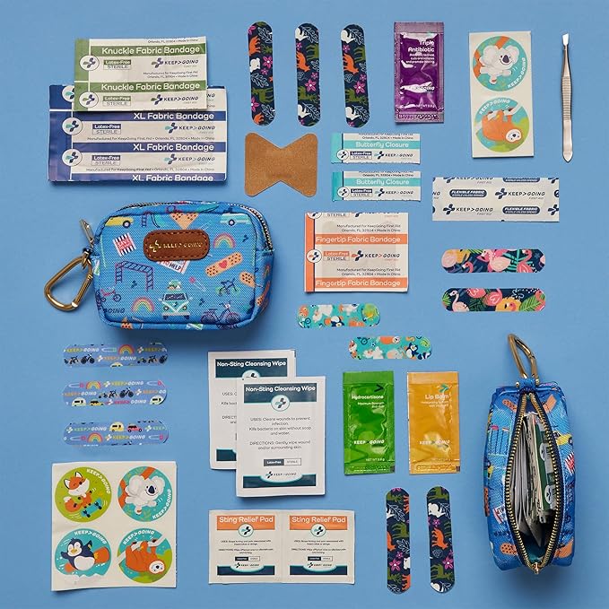 KeepGoing Small Travel First Aid Kit Kids – 60 Pc. Mini First Aid Kit for Purse, Diaper Bag, & Backpack with Latex-Free Bandages – 4 Oz., & 4.5 x 3.5 x 2 in, TSA-Approved-CubbioJoy
