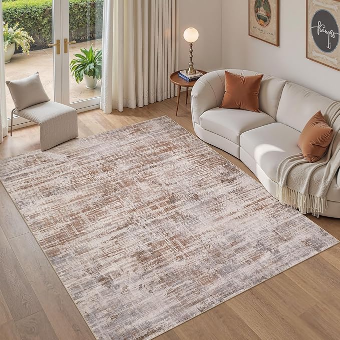 Area Rug for Living Room: 6x9 Washable Neutral Abstract Modern Soft Rugs Non Slip Indoor Floor Stain Resistant Large Carpet for Bedroom Dining Room Office Nursery - Red Brown-CubbioJoy