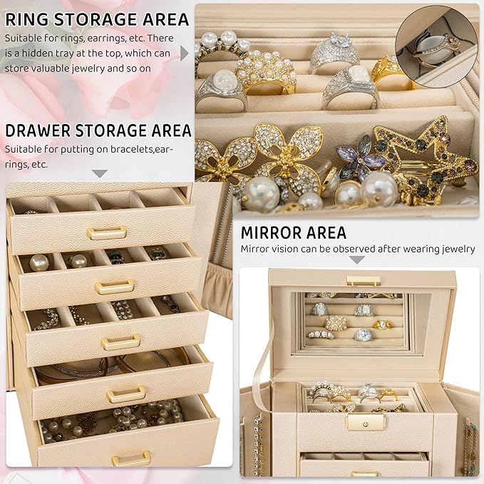 AKOZLIN 6-Tier Jewelry Box Lockable Leather Jewelry Storage Case with 5 Drawers for Women Girls Ring Necklace Earring Bracelet Holder Organizer with Mirror-CubbioJoy