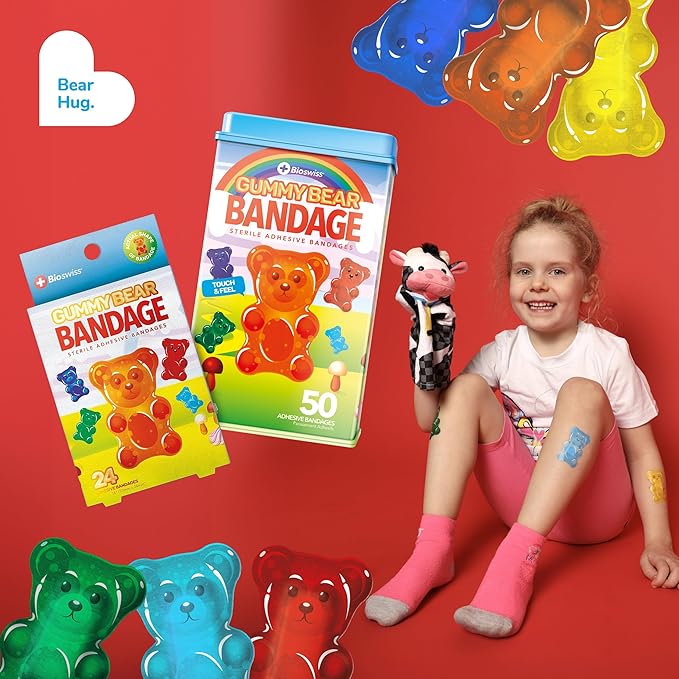 BioSwiss Bandages, Gummy Bear Shaped Self Adhesive Bandage, Latex Free Sterile Wound Care, Fun First Aid Kit Supplies for Kids, 50 Count-CubbioJoy