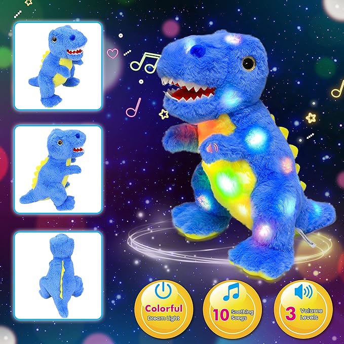 Cuteoy Light-up Singing Plush Blue Dinosaur LED Musical Stuffed Animal T-Rex Adjustable Volume Lullaby Plushies Birthday Christmas Toy Gifts for Kids Toddler Girls, 12"-CubbioJoy