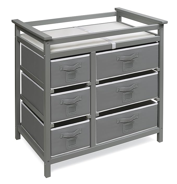 Badger Basket Modern Baby Changing Table - Diaper Station Organizer with 6 Storage Drawers, Reversible Baskets, Safety Rails - Baby Nursery Furniture with Changing Pad and Belt - Gray-CubbioJoy