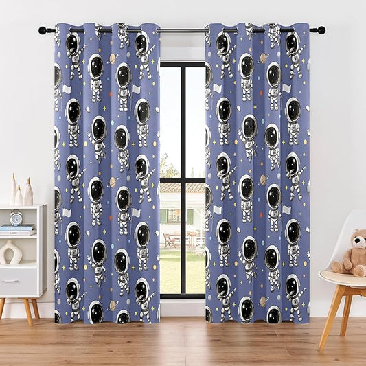 Kids Astronaut Blackout Curtains - 100% Blackout, Thermal Insulated, Noise Reducing, Perfect for Kids Room and Nursery, 2 Panels (Spacewalk Buddies, W52×L84)-CubbioJoy