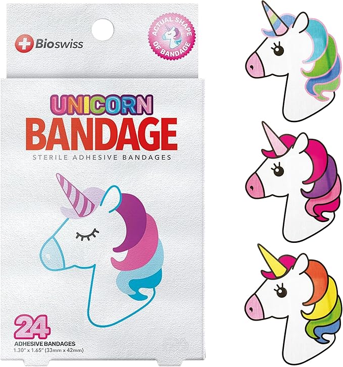 BioSwiss Bandages, Unicorn Shaped Self Adhesive Bandage, Latex Free Sterile Wound Care, Fun First Aid Kit Supplies for Kids, 24 Count-CubbioJoy