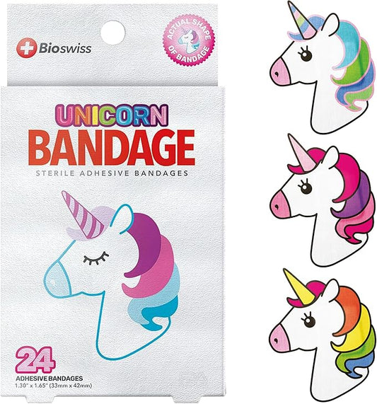 BioSwiss Bandages, Unicorn Shaped Self Adhesive Bandage, Latex Free Sterile Wound Care, Fun First Aid Kit Supplies for Kids, 24 Count-CubbioJoy