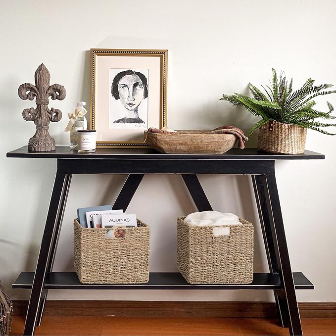 12x12x10in Seagrass Storage Baskets Set of 2, Large Wicker Storage Basket, Decorative Seagrass Shelf Basket, Pantry Baskets Organization,Folding Storage Cube Bins-CubbioJoy