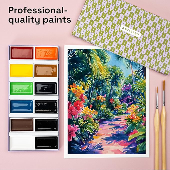 ARTISTRO Professional Watercolor Paint Set for Adults - 12 Pigment-Rich Colors, XL Pans, ASTM-I Lightfastness, High Tinting Strength Watercolor Set for Professionals made by professionals-CubbioJoy