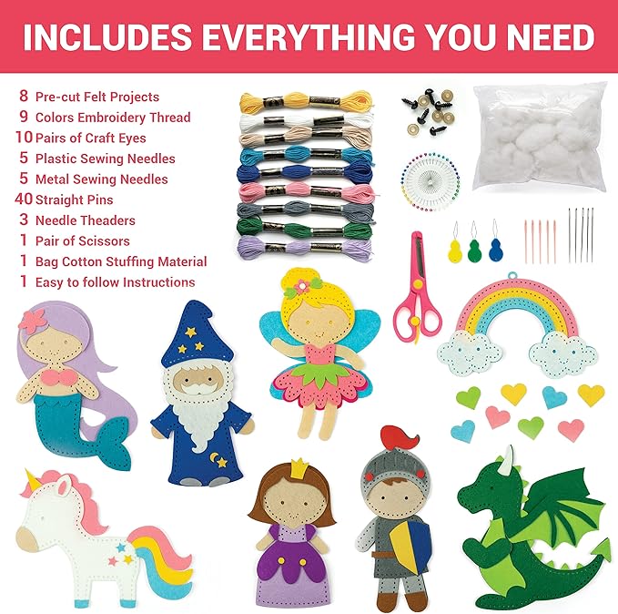 Craftorama Sewing Kit for Kids, Fun and Educational Fairytale Craft Set for Boys and Girls Age 7-12, Sew Your Own Felt Animals Craft Kit for Beginners, 165 Piece Set-CubbioJoy