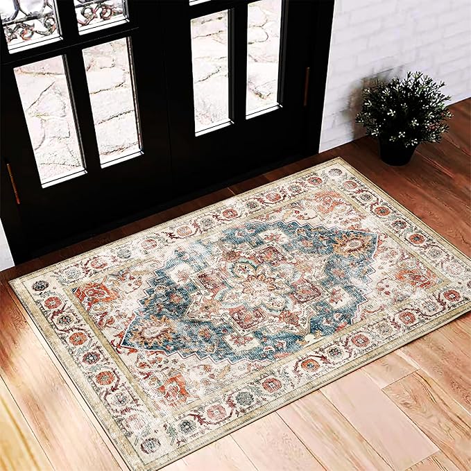 Beige Blue Area Rug 2'x3' Washable Rug Door Mat Vintage Distressed Doormat Indoor Entrance Traditional Thin Floral Print Non Slip Carpet for Kitchen Bathroom Bedroom Living Room-CubbioJoy