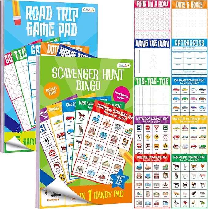 2 Pack Road Trip Game Pads, 10 Games (Categories, Dot & Boxes, Tic-tac-Toe, Scavenger Hunt Bingo), Pen Pencil Paper Game, Plane Trip/Car Travel/Getaway Activity Pad for Kid, Adult-CubbioJoy