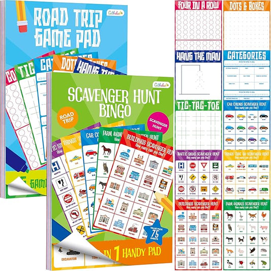 2 Pack Road Trip Game Pads, 10 Games (Categories, Dot & Boxes, Tic-tac-Toe, Scavenger Hunt Bingo), Pen Pencil Paper Game, Plane Trip/Car Travel/Getaway Activity Pad for Kid, Adult-CubbioJoy