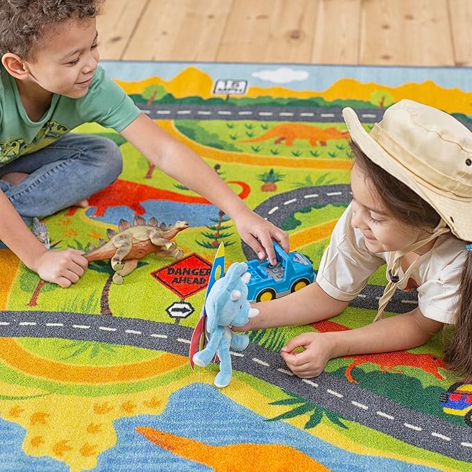 KC Cubs 3x5 Dinosaur Toy Car Dino Road Rug – Educational Play Mat Carpet for Kids, Toddlers, Nursery, Classroom, Playroom, Baby Daycare, Boys & Girls-CubbioJoy