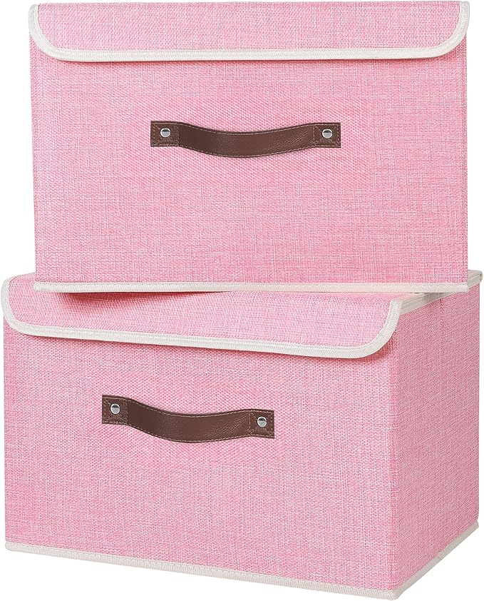 ANMINY 4PCS Storage Bins with Lid PU Leather Handles Storage Boxes PP Plastic Board Decorative Foldable Lidded Cotton Linen Fabric Home Cubes Baskets Closet Organizer Containers - Pink, Large Size-CubbioJoy