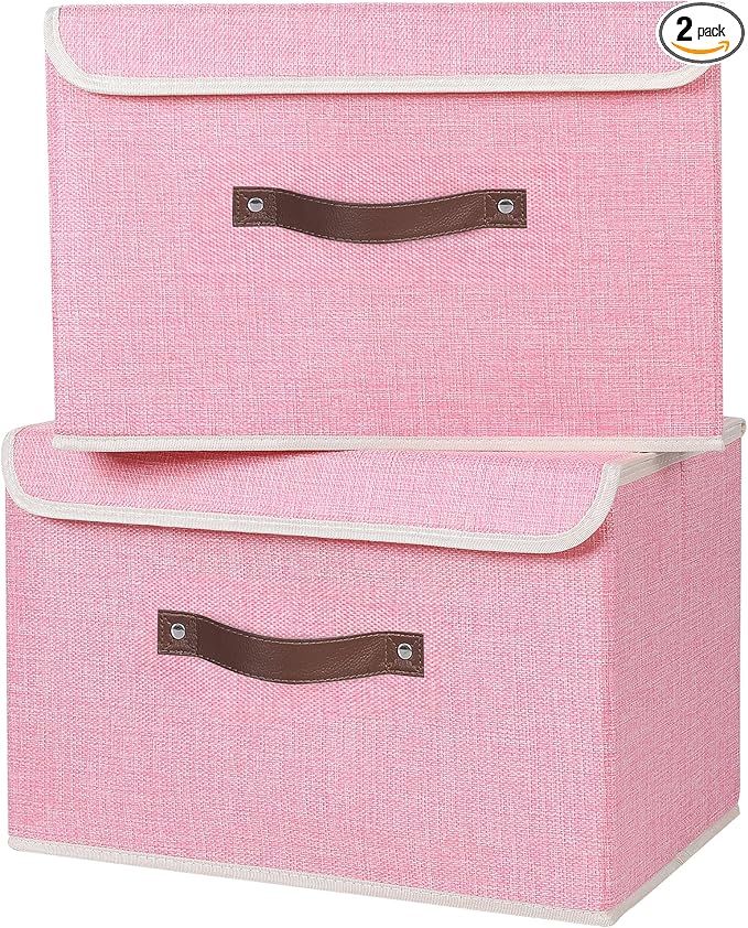 ANMINY 2PCS Storage Bins with Lid PU Leather Handles Storage Boxes PP Plastic Board Decorative Foldable Lidded Cotton Linen Fabric Home Cubes Baskets Closet Organizer Containers - Pink, Large Size-CubbioJoy