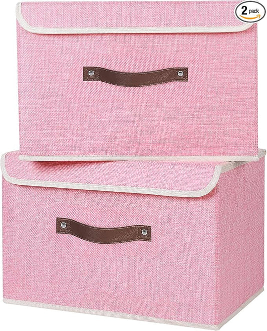 ANMINY 2PCS Storage Bins with Lid PU Leather Handles Storage Boxes PP Plastic Board Decorative Foldable Lidded Cotton Linen Fabric Home Cubes Baskets Closet Organizer Containers - Pink, Large Size-CubbioJoy
