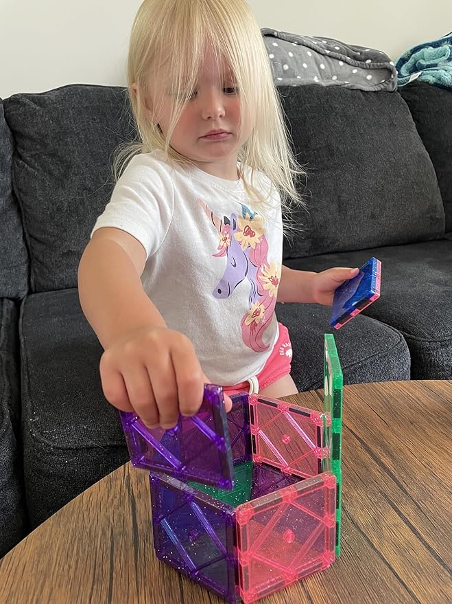 CreateOn Crayola Magnetic Tiles, Building Set for Kids, Magnetic Toys for Kids, Travel Toys, Classroom Sensory Toy Blocks, STEM & Montessori Tools for Boys & Girls Ages 3+, 14-Piece Set (Glitter)-CubbioJoy