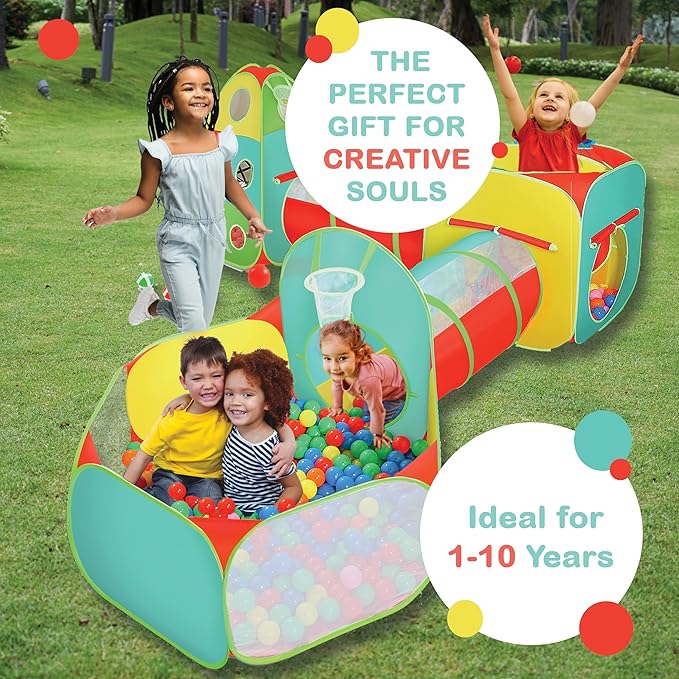 5pc Kids Play Tent for Toddlers with Ball Pit, Crawl Tunnel, Indoor & Outdoor Playhouse, Jungle Gym, Toys for Boys & Girls, Includes Dart Balls, Teepee & Basketball Hoops-CubbioJoy