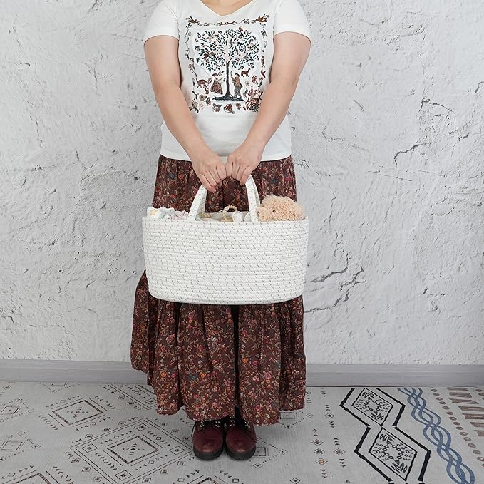 Diaper Caddy Organizer Cotton Rope Baby Basket Nursery Storage and Portable Tote Bag for Car Ideal Baby Shower Gifts and Registry Must-Have for Newborn Essentials Large striped-CubbioJoy