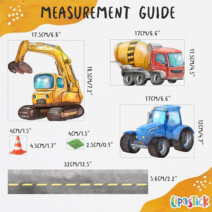 Construction Truck Wall Decals for Boys- Peel and Stick Road Vehicle Stickers for Room, Nursery, Playroom - Removable Wall Decor with Excavators, Tractors, Cars for Kids, Toddlers, Babies -S Size-CubbioJoy