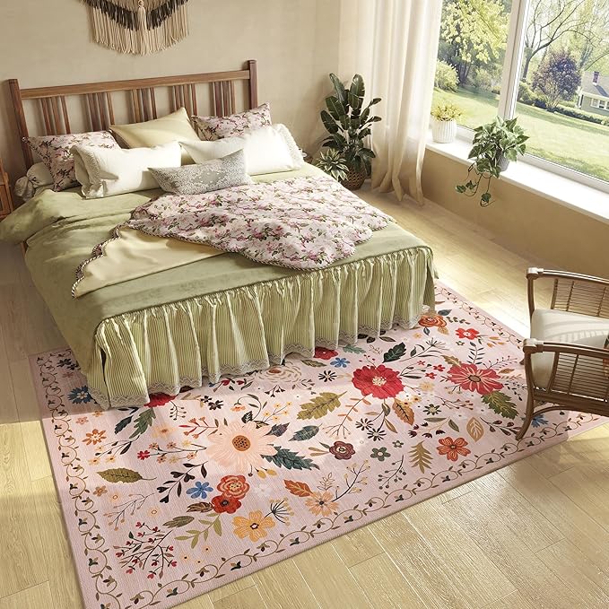 5x7 Washable Rug for Living Room, Pink Floral Area Rug, Non Slip Low Pile Soft Flower Carpet, Large Rugs for Bedroom, Dining Room, Office, Kids Playroom, Nursery, Pink/Beige-CubbioJoy