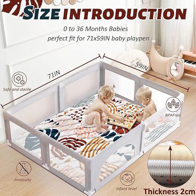 Baby Play Mats for Floor, 71x59 Playpen Mat for Babies, Extra Thicker & Soft Floor Crawling Mat, Foldable Non-Slip Playmat Cushioned for Infants Toddlers, Boho Leaf Design-CubbioJoy