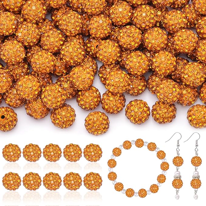 160pcs 10mm Rhinestone Beads for Jewelry Making, Golden Shiny Round Disco Ball Beads Bulk, Sparkle Crystal Clay Christmas for Bracelet Baseball Necklace Earring Crafting and DIY-CubbioJoy