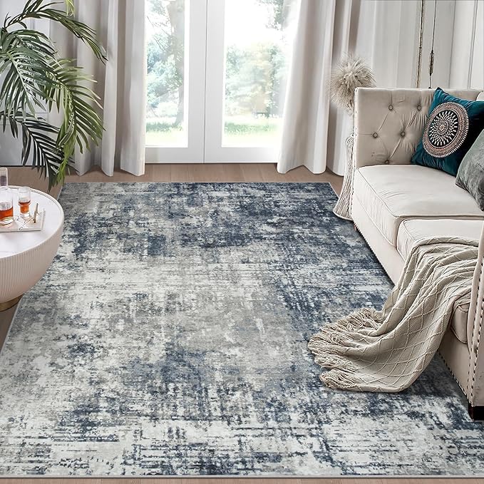 4x6 Area Rugs for Living Room Rug Washable: Modern Large Rug for Dining Room Bedroom Carpet Non Slip Low Pile 4 by 6 Indoor Abstract Nursery Home Office Blue Grey-CubbioJoy