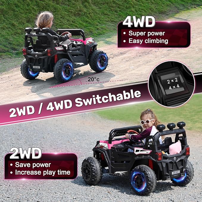 ANPABO 24V 4X4 Ride on Car Truck w/Remote Control, 4WD/2WD Switchable Kids UTV, 19" Spacious Seat, 4 Shock Absorbers, Soft Start, Music Player, Electric Car for Kids Ages 3+(Pink)-CubbioJoy