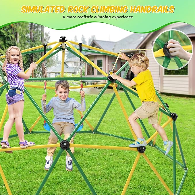 Climbing Dome, 10FT Dome Climber with Hammock & Swing for Kids 3-10, Kids Outdoor Jungle Gym Supports 1000lbs, Easy Assembly Playground Jungle Gym Backyard Play Equipment, Yellow+Green-CubbioJoy