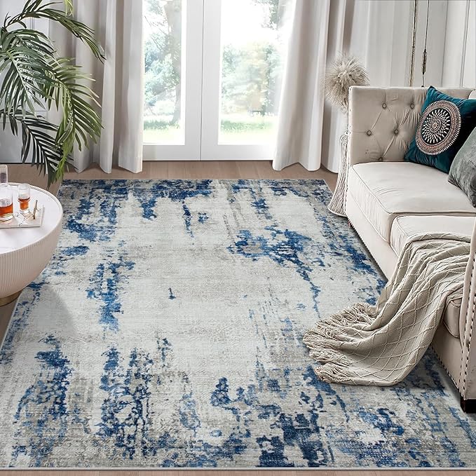 5x7 Area Rugs for Living Room Rug Washable: Modern Rug for Dining Room Bedroom Carpet Non Slip Low Pile 5 by 7 Indoor Abstract Nursery Home Office Blue White-CubbioJoy
