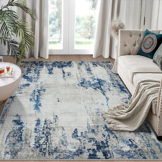 6x9 Area Rugs for Living Room Rug Washable: Modern Rug for Dining Room Bedroom Carpet Non Slip Low Pile 6 by 9 Indoor Abstract Nursery Home Office Blue White-CubbioJoy