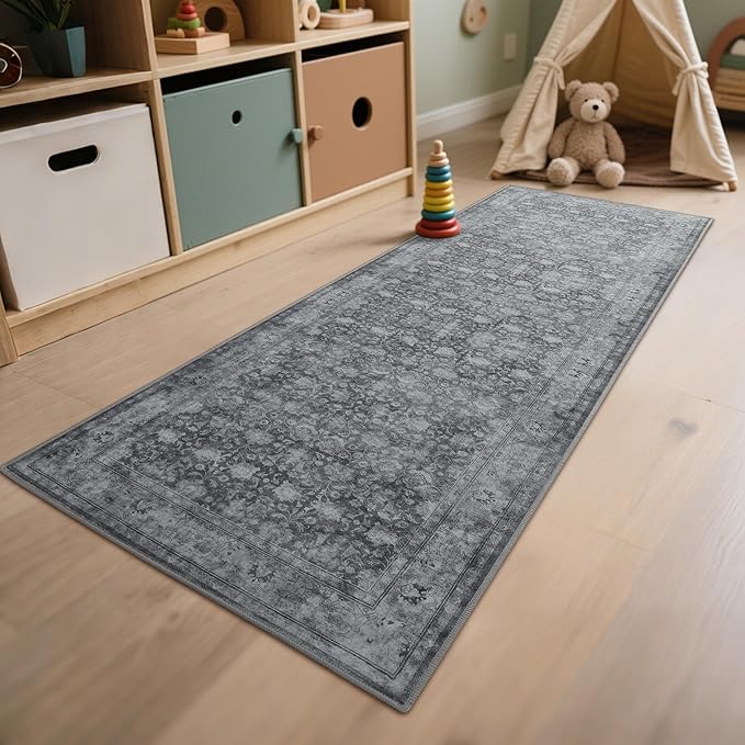 2'6"x8' Washable Runner Rug for Hallway, Non Slip Vintage Floral Long Carpet Runners for Entryway, Kitchen, Bathroom, Bedroom, Low Pile Laundry Rugs with Rubber Backing (Distressed Grey)-CubbioJoy