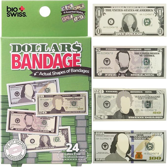 BioSwiss Bandages, Money Shaped Self Adhesive Bandage, Latex Free Sterile Wound Care, Fun First Aid Kit Supplies for Kids, 24 Count-CubbioJoy