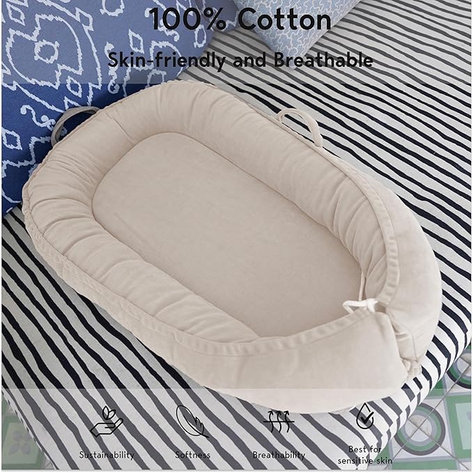 Infant Lounger, Baby Nest Cover for Baby Girls & Boys, Newborn Essentials for Baby 0-18+ Months, 100% Cotton Breathable(CreamyWhite, Corduroy)-CubbioJoy