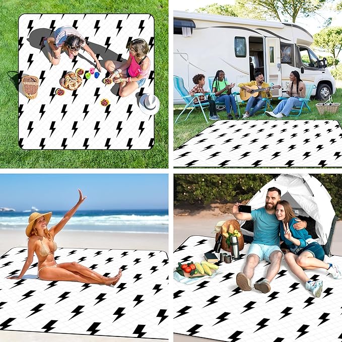 79''x79'' Extra Large Picnic Blankets, Waterproof Sandproof Foldable Outdoor Picnic Mat, Portable 3-Layer Fabric Beach Blanket for Camping, Park, Travel, Family Friends-Stylish Lightning Pattern-CubbioJoy