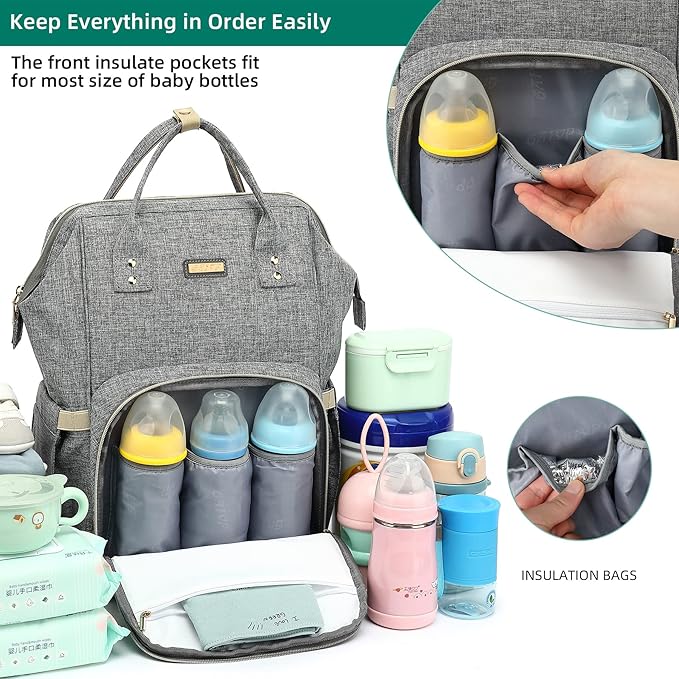 Diaper Bag Backpack, Diaper Bags for Baby Girls Boys, Baby Bags for Moms Dads, Nappy Changing Bag with Insulated Pockets,Multi-functional Waterproof Backpack with Stroller straps - Grey-CubbioJoy