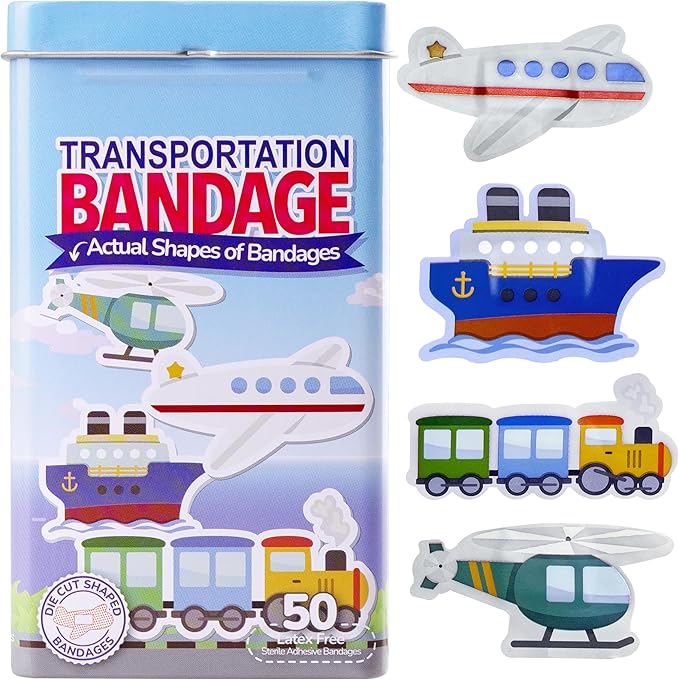 BioSwiss Bandages, Transportation Shaped Self Adhesive Bandage, Latex Free Sterile Wound Care, Fun First Aid Kit Supplies for Kids, 50 Count-CubbioJoy