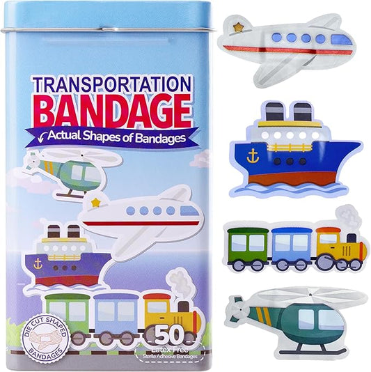 BioSwiss Bandages, Transportation Shaped Self Adhesive Bandage, Latex Free Sterile Wound Care, Fun First Aid Kit Supplies for Kids, 50 Count-CubbioJoy