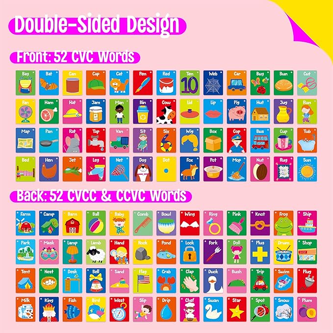 52 PCS Word Flashcards, 52 CVC Words & 52 CVCC, CCVC Words Double-Sided Cards with 2 Rings, Vocabulary Phonics Learning, Educational Tool for Preschool, Kindergarten, Toddlers-CubbioJoy
