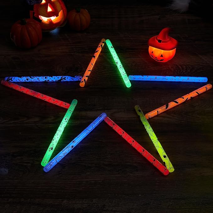 JOYIN 24 Pcs Halloween Glow Stick Hanging Wands in 8 Different Pattern Designs and 6 Colors for Kids Party Favors, Halloween Party Supplies, Glow in the Dark, Goodies Bags Fillers, Non Candy Treats-CubbioJoy