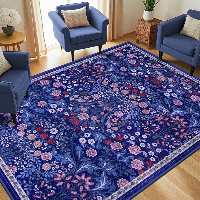 6x9 Area Rugs for Living Room: Floral Washable Rug Vintage Large Soft Boho Non-Slip Carpet Indoor Floor Stain Resistant Thin Carpets for Bedroom Dining Room Farmhouse Nursery Hallway Home Office Blue-CubbioJoy