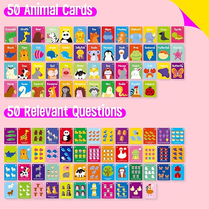 Animal Flashcards, 50 Double-Sided Cards, Wild/Farm/Marine Animal Cards Educational Learning Tools for Preschool and Toddlers Learning (2 Reclosable Rings Attached)-CubbioJoy