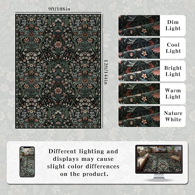 9x12 Black Vintage Floral Area Rug,Washable Large Boho Living Room Rugs,Botanical Print Non-Slip Stain Resistant Lightweight Carpet for Bedroom Dining Room Nursery-CubbioJoy