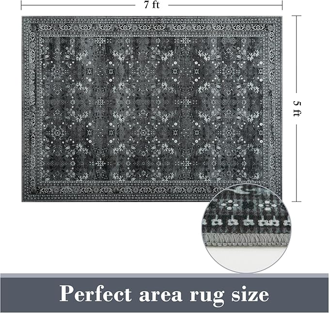 5x7 Machine Washable Area Rug for Living Room Bedroom, Vintage Kitchen Rugs Non Slip, Traditional Indoor Floor Floral Print Carpet for Dining Room, Farmhouse, Office Classroom Black/Gray-CubbioJoy