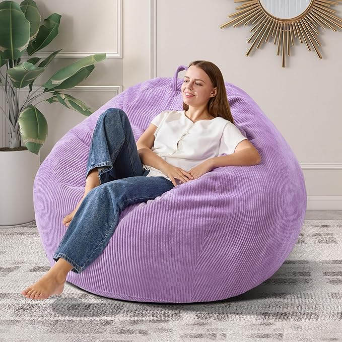 3.5FT Bean Bag Chairs Teardrop Bean Bag Chair for Adults Beanbag Chair with Memory Foam Filled Machine Washable Cover for Living Room, Bedroom (Large,Purple)-CubbioJoy