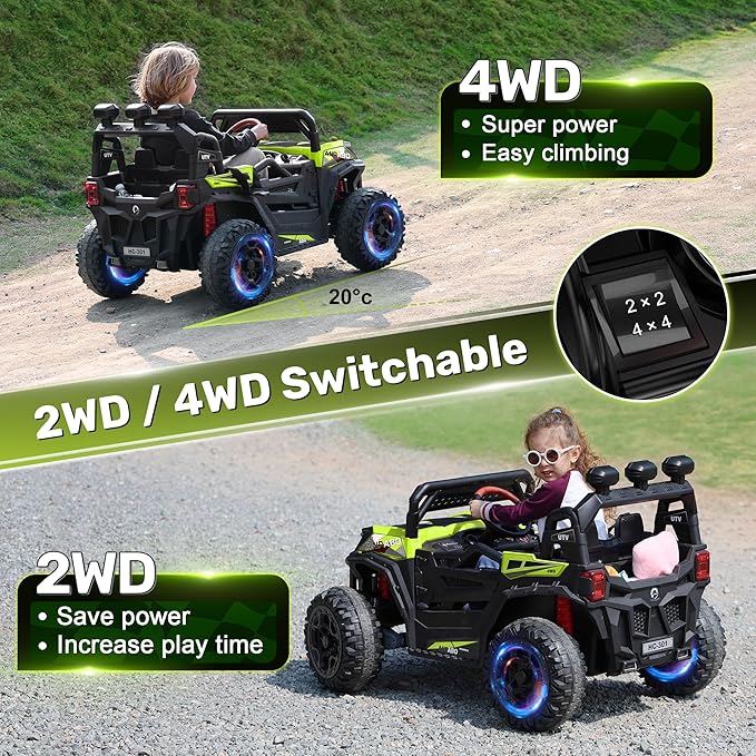 ANPABO 24V 4WD Ride on Car Truck w/Remote Control, 2WD/4WD Switchable Kids UTV, 4 Shock Absorbers, 19" Spacious Seat, Soft Start, Music Player, Electric Car for Kids-CubbioJoy