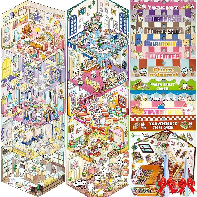 DIY 3D Sticker Scene，10 Sets Pack（600+） Large-Sized, Reusable Sticker Book, Cute Sets for Free Combination, Waterproof for Anywhere, Crafts Party Favors Birthday Gift-CubbioJoy