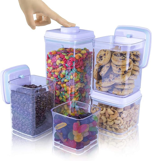 BopTop (5pc Set) Airtight Food Storage Container – Mechanical Silicone Seal Canister - BPA-Free Stackable - 2.5Qt/1.5Qt/.9Qt/.85Qt/.5Qt-CubbioJoy