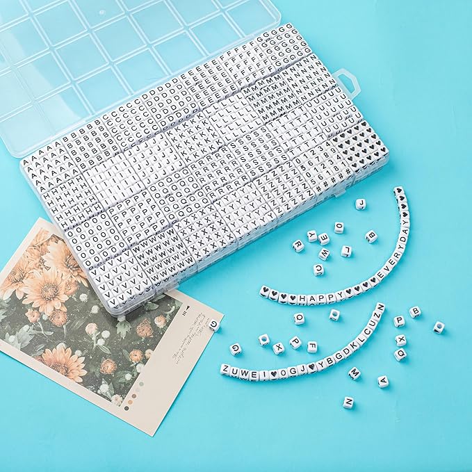 1400pcs Letter Beads, 6x6 mm Acrylic Alphabet Beads, Beads for Jewelry and Bracelet Making, in 28 Grid Box (White and Black)-CubbioJoy